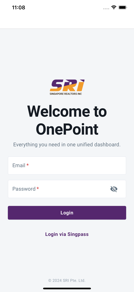 Login interface for the One Point real estate productivity app showing email and password fields