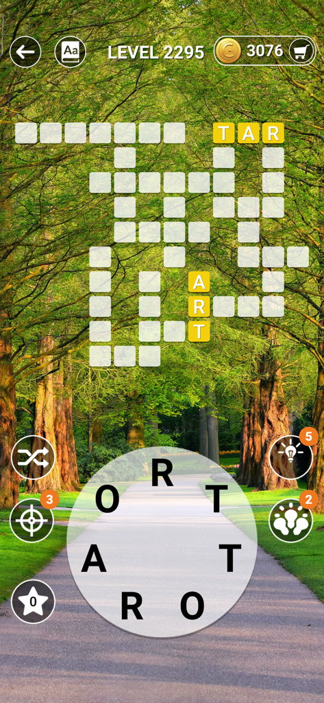 Word Scenery Master: Crossword - Gameplay screenshot of Word Scenery Master showing a crossword puzzle with a tranquil forest path background