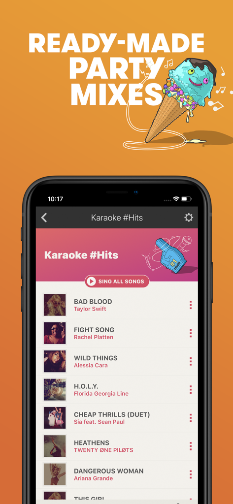 Smartphone screen of the Singing Machine Karaoke app displaying a curated party hits playlist including Taylor Swift and Ariana Grande