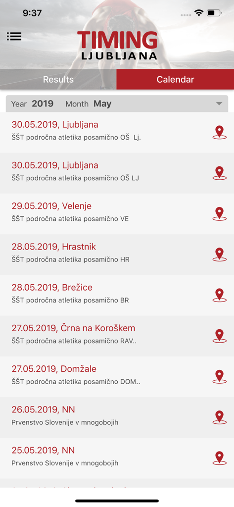 The Timing Ljubljana app displaying a calendar list of upcoming athletic competitions with dates and locations.