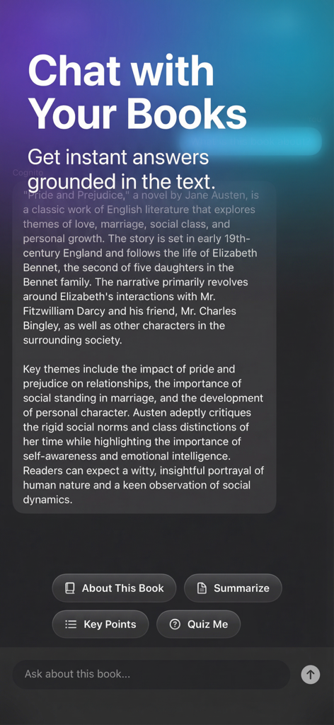 Cognito: AI Reading Companion - Cognito App-Oberfläche, die die Funktion 'Mit Büchern chatten' mit einer von der KI generierten Zusammenfassung von Pride and Prejudice zeigt