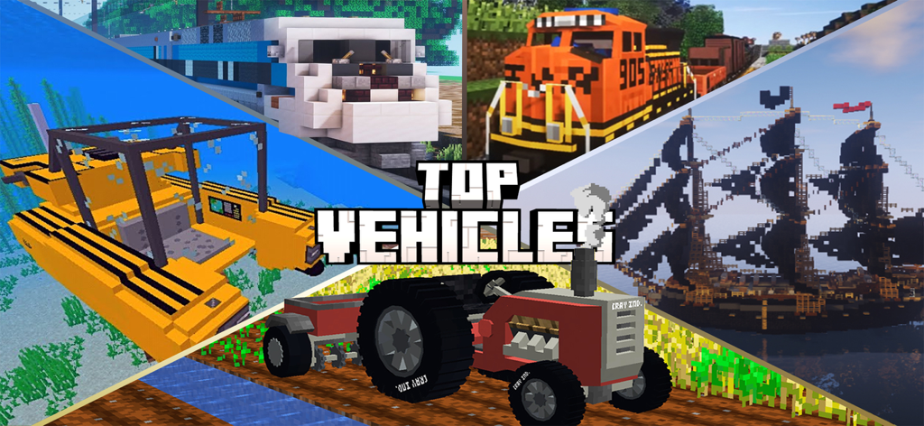 Cars Addon for Minecraft - Un collage che mostra vari veicoli di Minecraft, tra cui un treno, un trattore e una nave, sotto il testo I Migliori Veicoli.