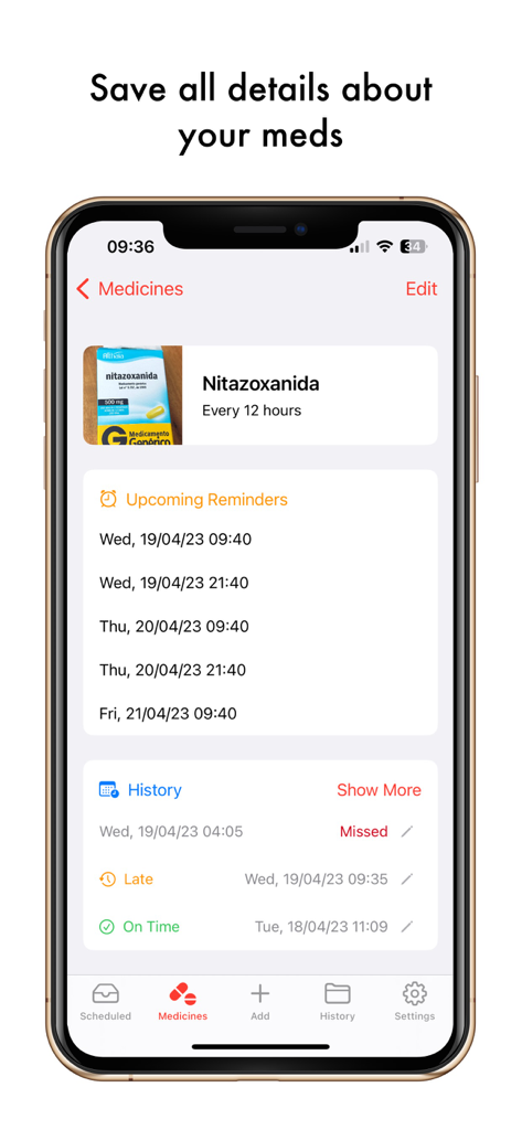 Medication reminder app screen showing upcoming doses and dose history.