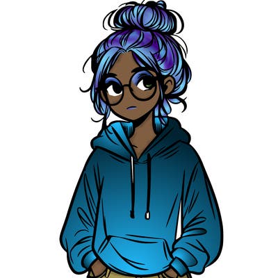 teen girl with a messy bun and glasses wearing a loose hoodie and jeans