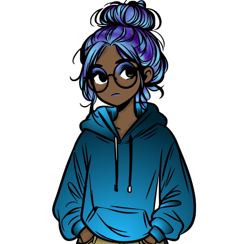 teen girl with a messy bun and glasses wearing a loose hoodie and jeans