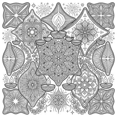 Immerse yourself in this intricate coloring page, where the delicate structures of diatoms meet the festive glow of Diwali. Designed for teens, it features detailed diyas, rangoli patterns, and fireworks, offering a rewarding artistic challenge.