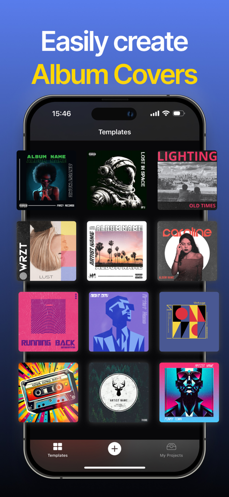 Uma tela de smartphone exibindo uma variedade de modelos artísticos de capas de álbuns dentro do aplicativo FIBE