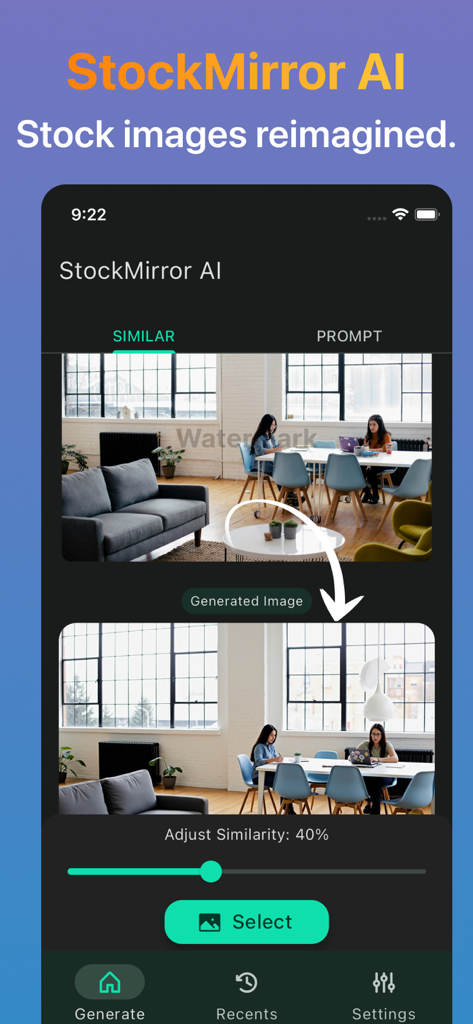 Watermark Remover: StockMirror - 유사성 조정 슬라이더가 있는 워터마크 이미지에서 깨끗한 이미지를 생성하는 StockMirror AI를 보여주는 모바일 앱 화면