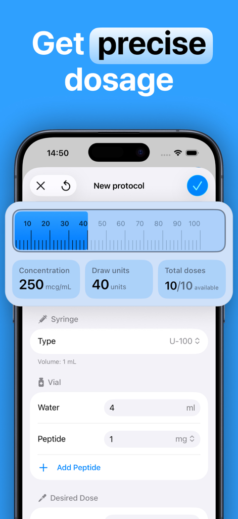 Peptide Calculator PRO interface displaying precise dosage and syringe unit calculation