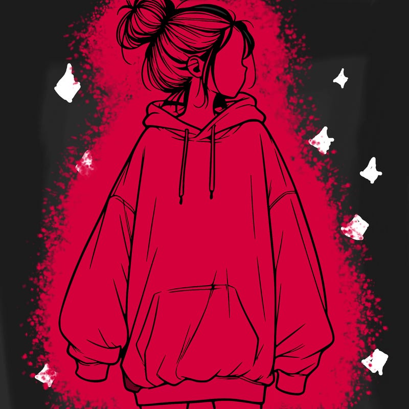 realistic girl with a oversized sweatshirt on and a bun