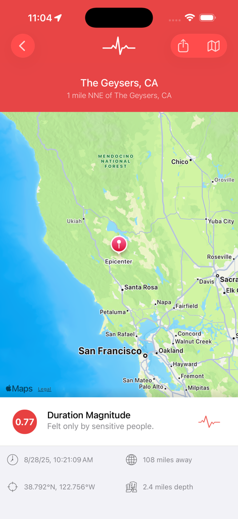 A mobile app screenshot showing a map of California with an earthquake epicenter marked near The Geysers, including magnitude, depth, and distance details.