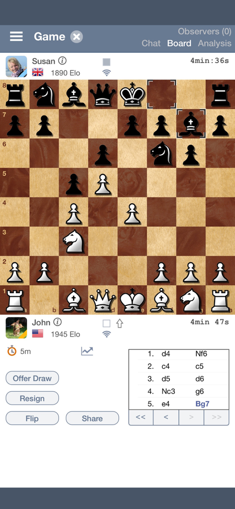 Online chess match interface showing a game in progress between two players with move history