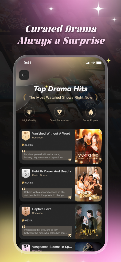 Nebuluxe - Nebuluxe app screen displaying a ranked list of top drama hits with titles and posters