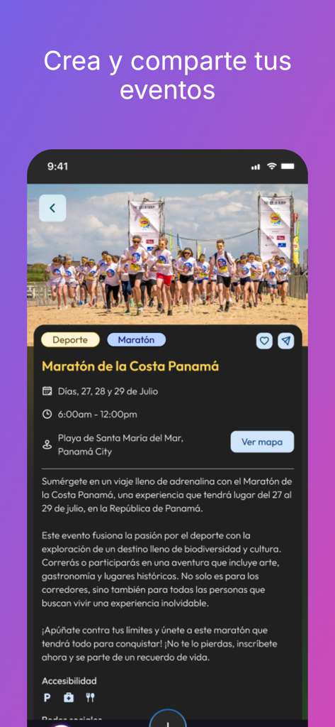 Mobile app screen displaying details for a marathon event in Panama City