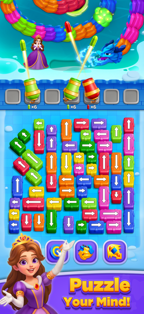 Princess Protect: Dragon Wars - Princess Protect Dragon Wars puzzle grid with colorful arrow blocks and the princess character