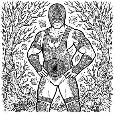 Step into a world where athletic prowess meets dark elegance with this captivating Gothic wrestler coloring page. Adorned with intricate Victorian-inspired details and set against a mystical autumn backdrop, it offers a unique artistic challenge.