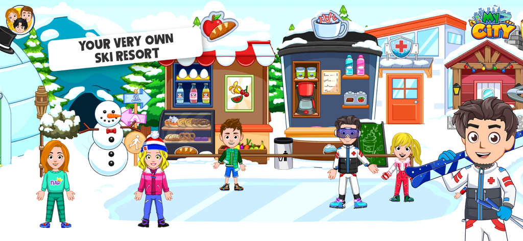 My City : Ski Resort - Cartoon characters at a winter ski resort with a snowman and snack shops in My City.