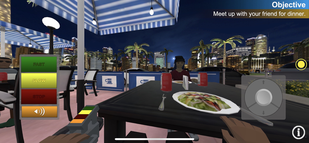 Wheelchair Mobility Experience - First person view from a wheelchair simulation meeting a friend at an outdoor cafe at night