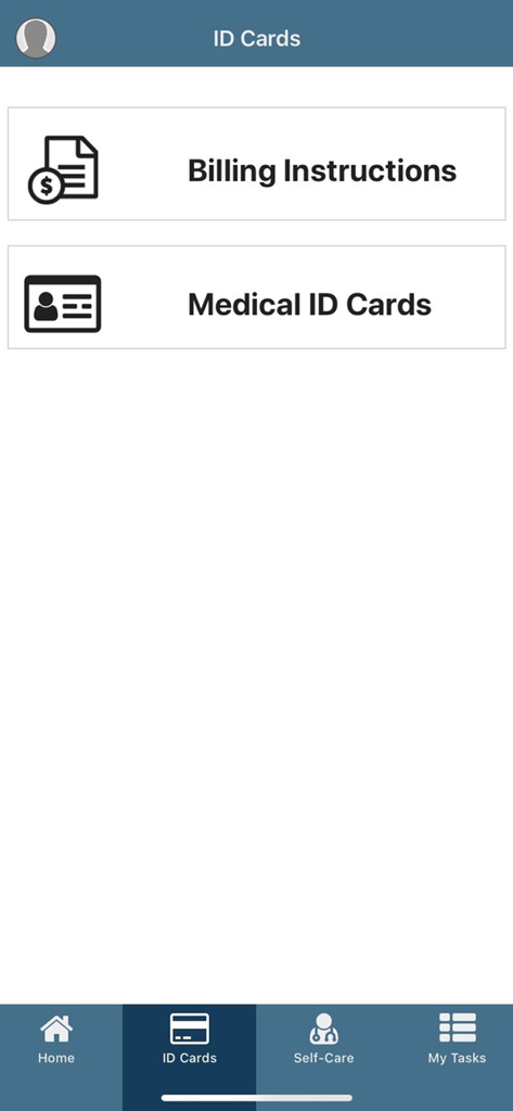 Missionary Care - Missionary Care app interface showing the ID Cards menu with buttons for Billing Instructions and Medical ID Cards.