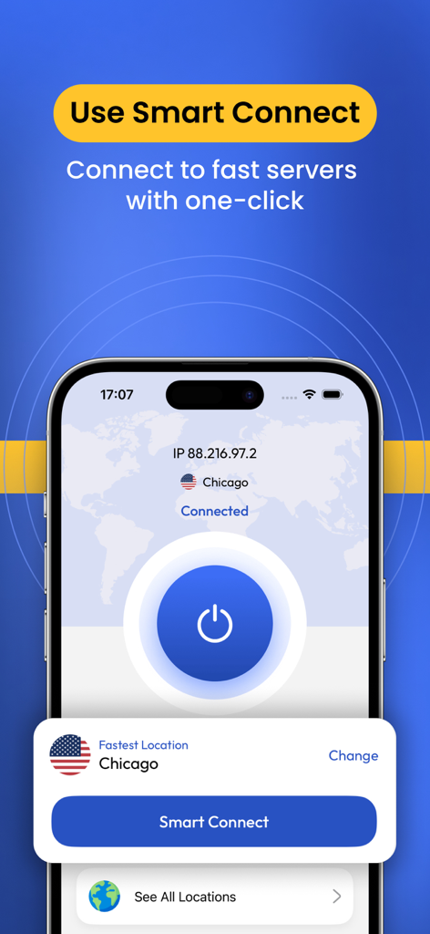 Écran de l'application FastestVPN montrant la fonction de connexion intelligente en un clic pour une connexion serveur rapide