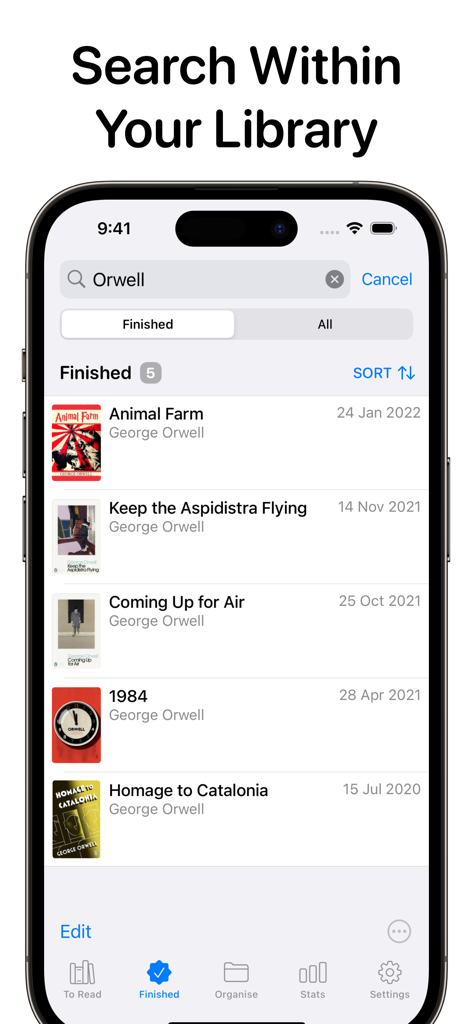 Reading List: Book Tracker - A search interface within the Reading List app showing a filtered list of finished books by George Orwell