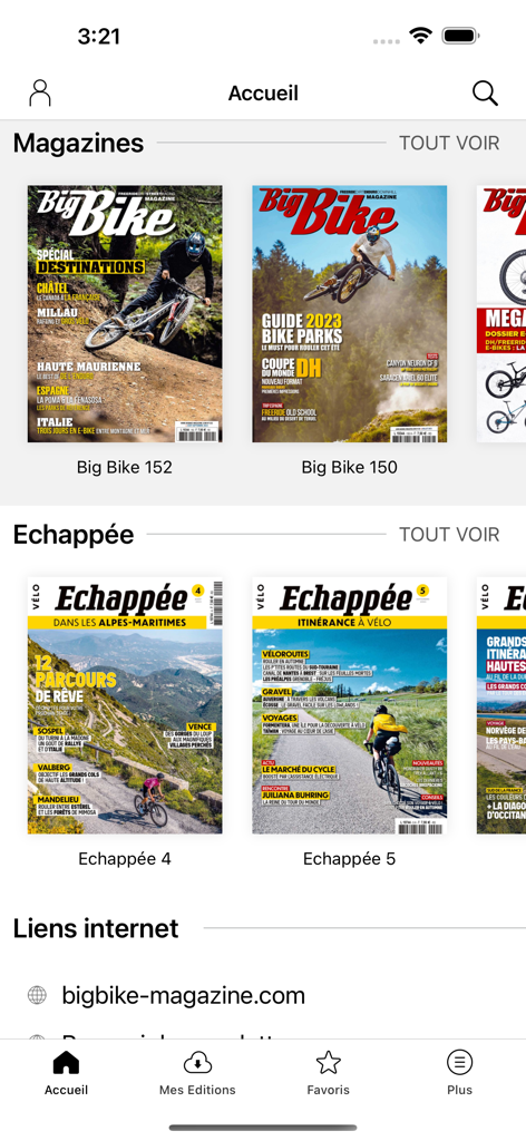 Big Bike Magazine - Interfaccia dell'app Big Bike Magazine che mostra varie edizioni di riviste di mountain bike e ciclismo