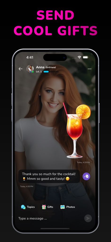 A chat screen in the AI Girlfriend app showing a virtual character receiving a cocktail gift.