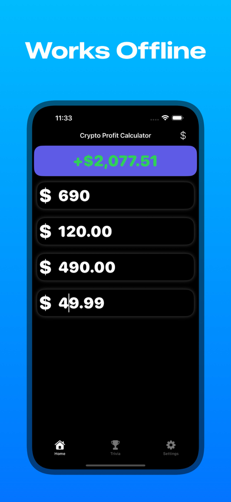 Interface of the Crypto Profit Loss Calculator app in dark mode showing a positive profit and offline functionality