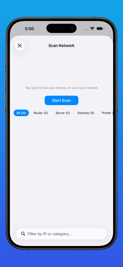 IP Monitoring Tool PingStation - Interfaz de escaneo de red de la aplicación PingStation que muestra opciones de descubrimiento de dispositivos y un botón de inicio de escaneo