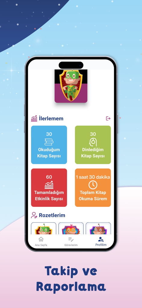 OKUDIO - Mobile app screen showing a child's progress dashboard with metrics for books read, stories listened to, and activities completed.