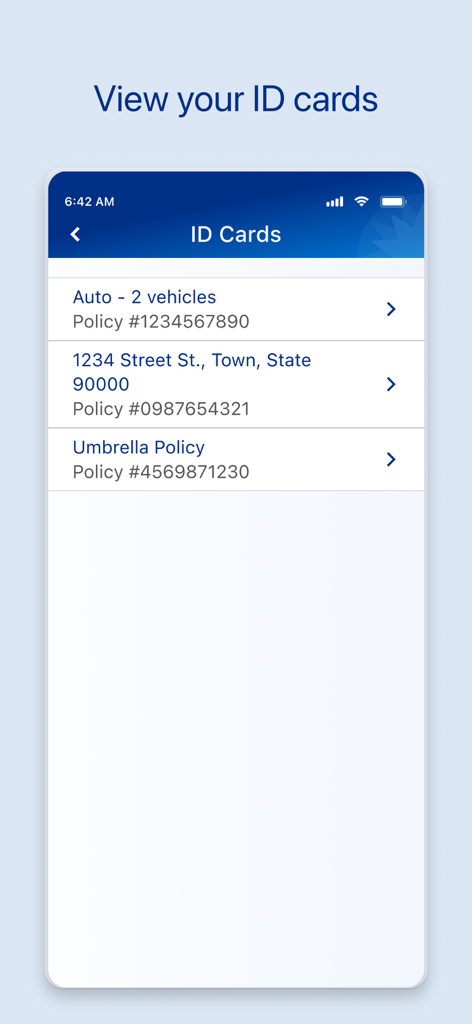 Farmers Insurance Mobile app interface displaying digital ID cards for auto home and umbrella insurance policies