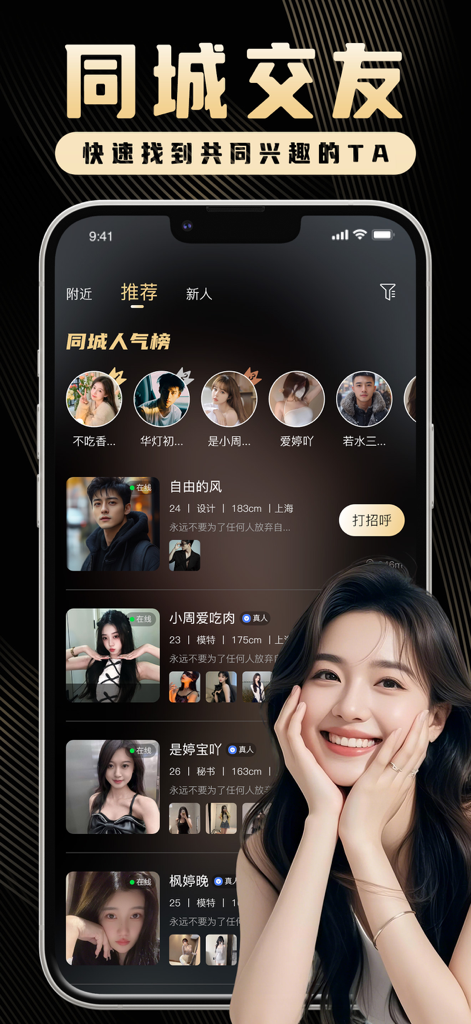 Smartphone screen showing the Yuequan interface featuring verified user profiles for premium urban connections and community discovery.