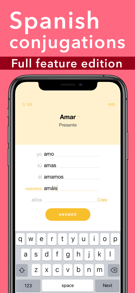 Conjuu - Spanish Full Edition - A mobile phone screen displaying a Spanish verb conjugation drill for the verb Amar in the present tense