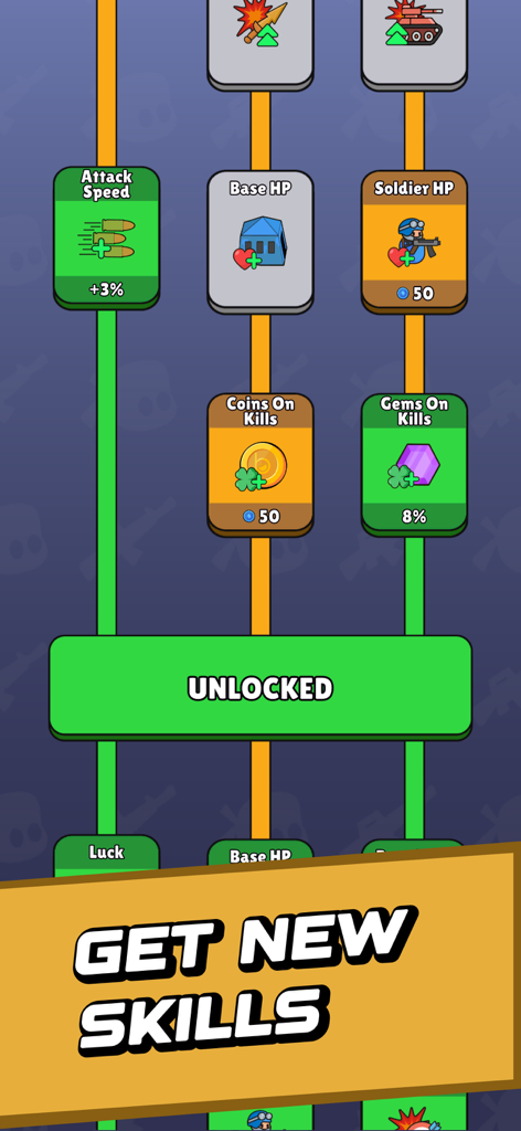 Battle Bag: War Zone - Skill tree interface in Battle Bag War Zone showing tactical upgrades for units and base stats