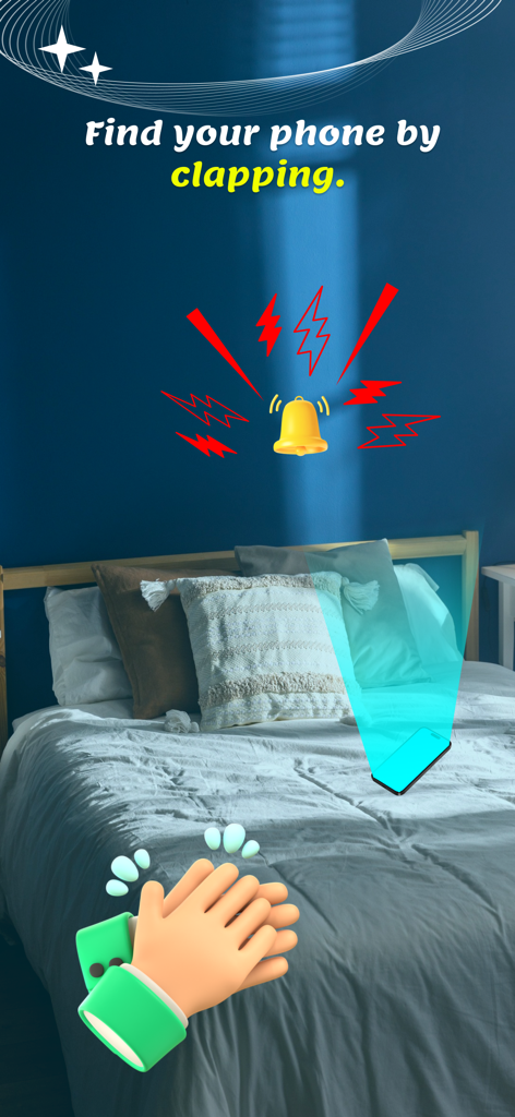 Anti theft : Don't touch phone - A bedroom scene illustrating the clap to find phone feature with a ringing bell icon and glowing device