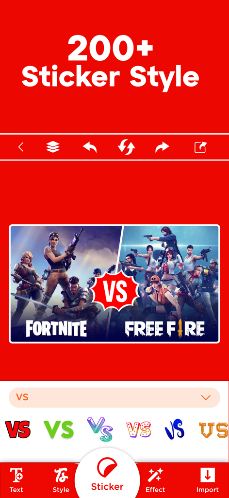 VSステッカースタイルのFortniteとFree Fireのゲーム動画サムネイル比較を表示するアプリインターフェース。