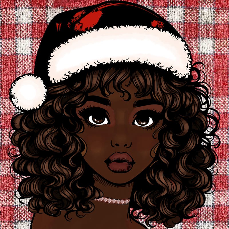 realistic girl with a santa hat curly hair and lips