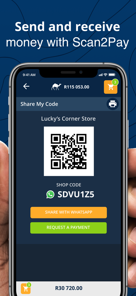 Shop2Shop - Interface of the Shop2Shop app showing a QR code for Lucky's Corner Store to receive payments through Scan2Pay.