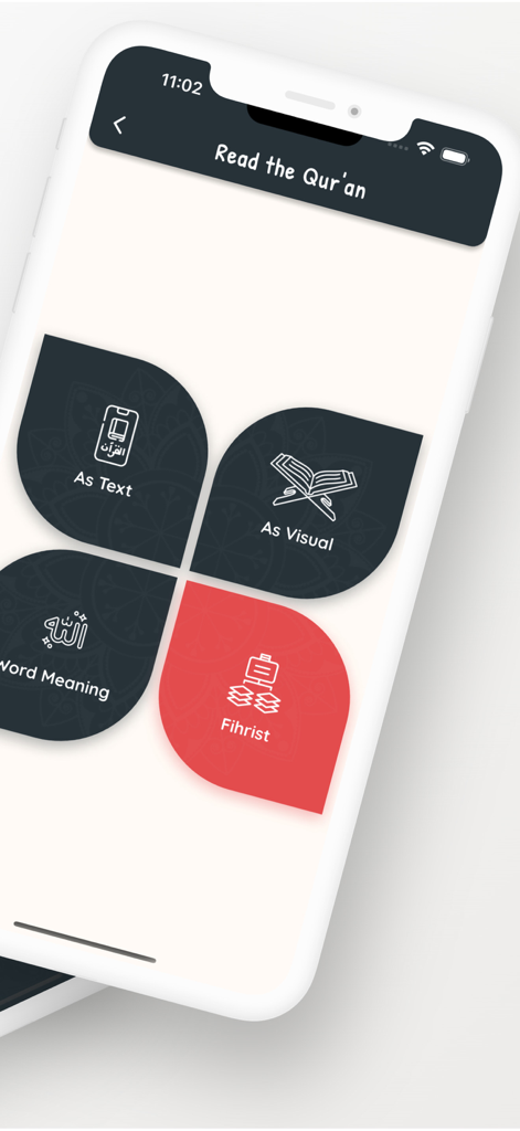 Read & Listen Qur'an - Main menu screen of the Read and Listen Quran app featuring text visual word meaning and index options