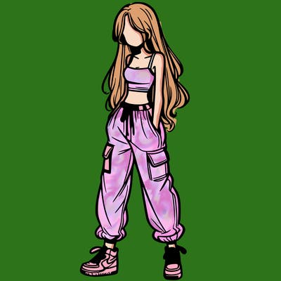 girl in baggy pants crop top and long hair