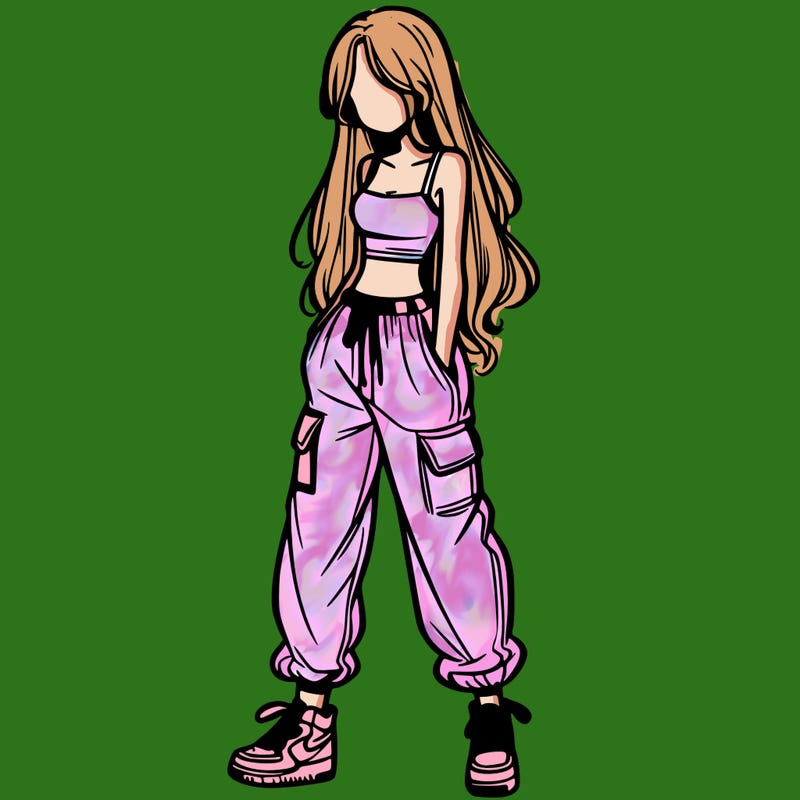 girl in baggy pants crop top and long hair