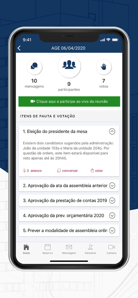 Interface do aplicativo Bersi para reuniões virtuais de condomínio e votações comunitárias