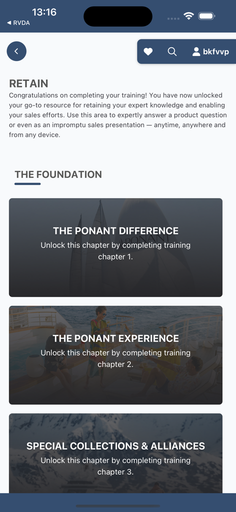 PONANT Explorer - PONANT Explorer app training screen showing foundation modules for travel advisors
