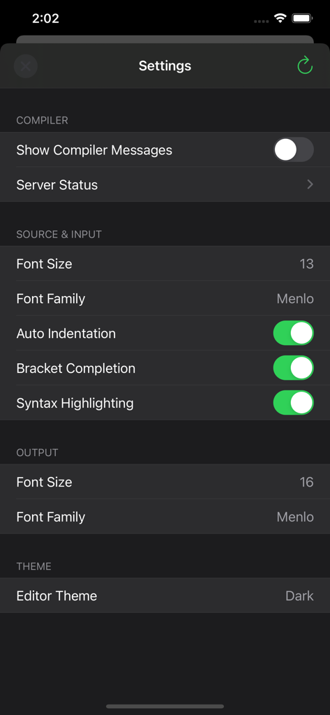 Pascal Programming Compiler - Schermata delle impostazioni per l'app Pascal Programming Compiler che mostra la configurazione dell'editor e le opzioni del tema