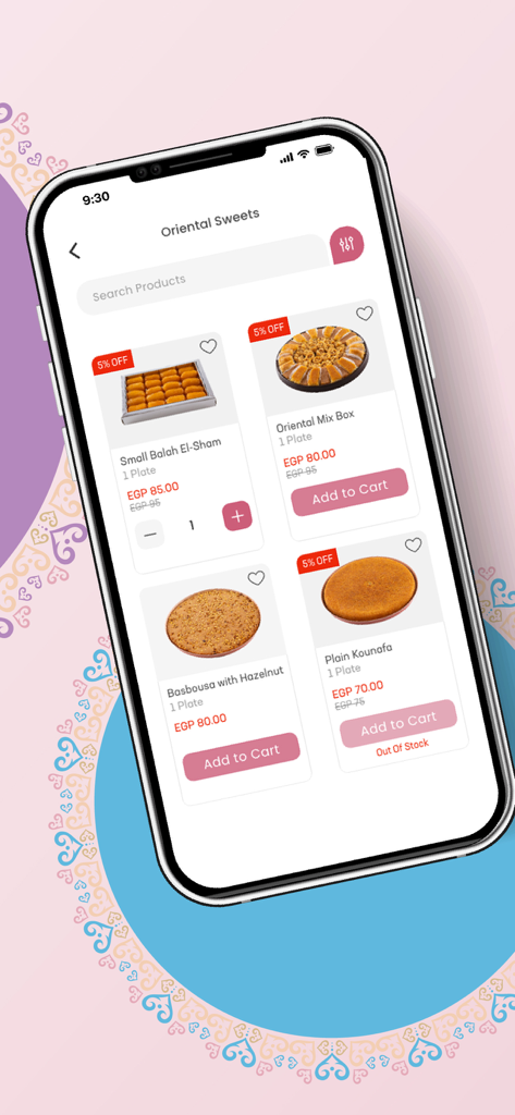 App mobile di El Abd Pasticceria che mostra dolci tradizionali egiziani tra cui Basbousa e Kounafa