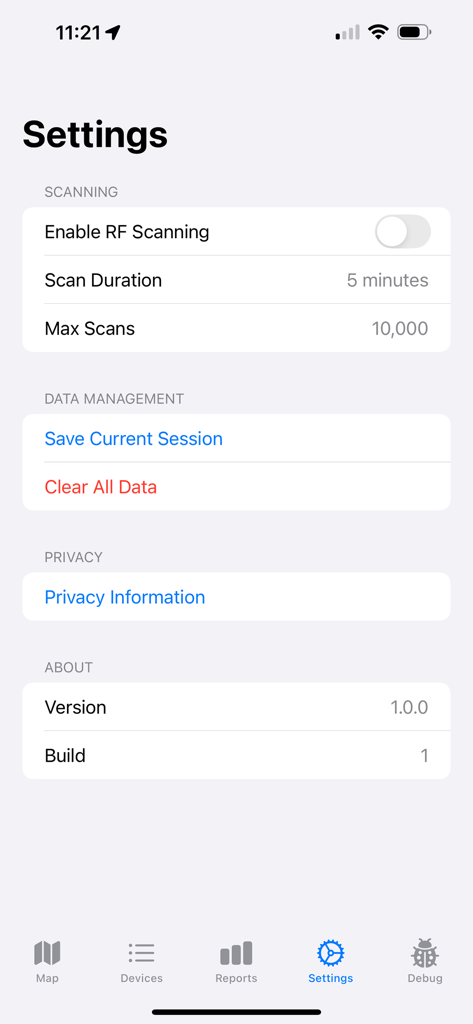 RF Aware - Settings screen of the RF Aware app displaying scanning options and data management.