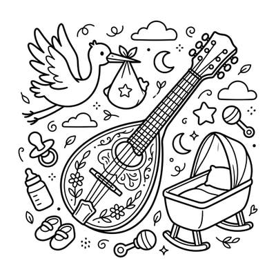 Welcome a new bundle of joy with a touch of melody! This delightful coloring page combines the elegance of a mandolin with adorable baby shower essentials, perfect for a unique celebration.
