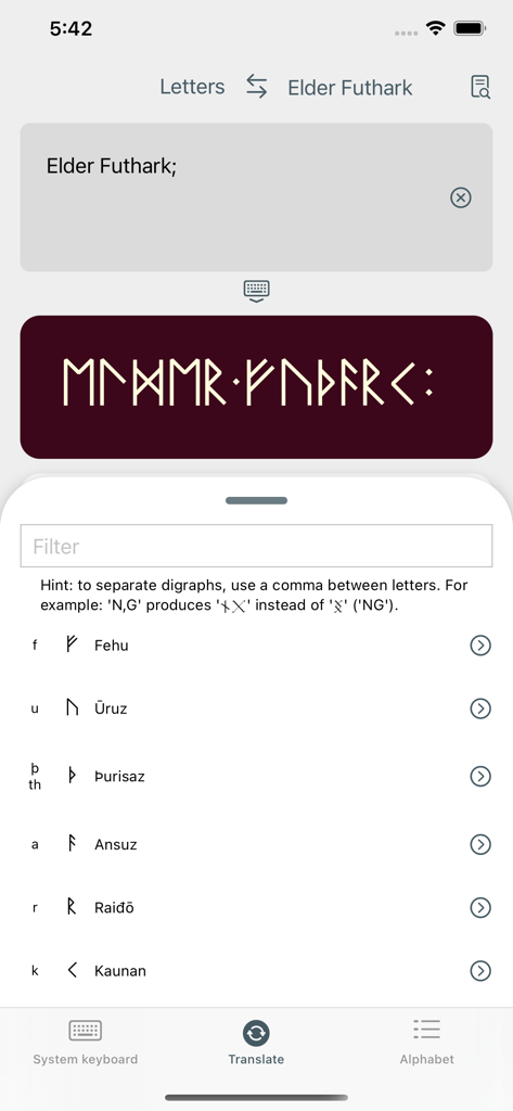 Write in Runic - The Write in Runic app interface showing a phonetic translation of the words Elder Futhark into runic script with a list of character meanings