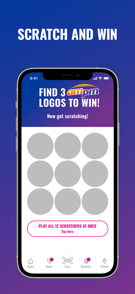 ampm - Digital scratch and win game screen in the ampm app featuring a nine-spot scratcher grid for prizes