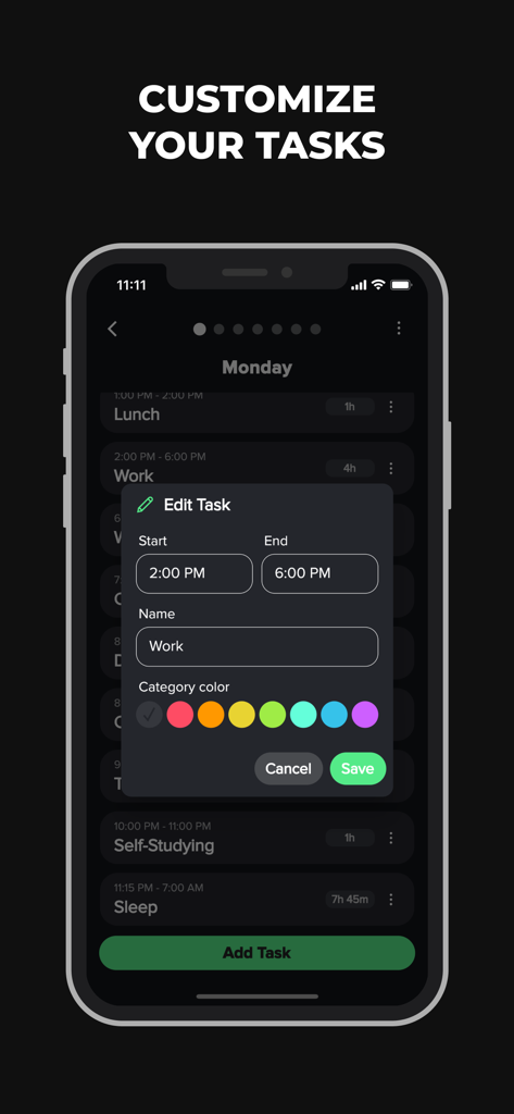Daily Routine Planner App - Daily Routine Planner app screen showing the Edit Task menu with time settings and color categories in dark mode.